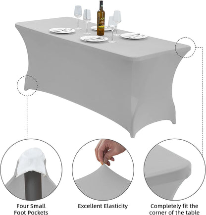 CWK 6FT Waterproof Stretch Spandex Table Cover for Rectangular Tables - Elastic Fitted Tablecloth for Folding Tables,Wrinkle Resistant Table Cloth for Parties, Weddings, Banquets & Events (Silver)