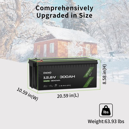 OKMO 12V 300Ah LiFePO4 Lithium Battery 150A BMS 3840Wh Rechargeable Battery for Solar Systerm,RV,Camping,Battery Backup,Marine and Home Energy Storage