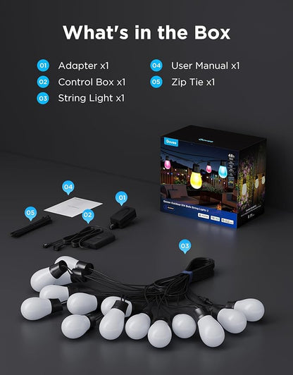 Govee S14 Bulb Outdoor String Lights 2, 48ft Smart RGBIC Warm White Patio Lights with 15 LED Bulbs, 111 Scene Modes for Outdoor Decor, Upgraded IP66 Compatible with Alexa, Google, Matter, APP Control