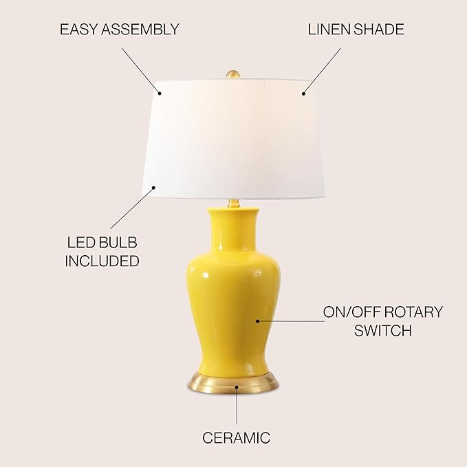 JONATHAN Y 29" Yellow Traditional Ceramic Urn LED Table Lamp for Bedroom Decor, White Linen Drum Shade, Classic Nightstand Lamp for Living Room, LED Bulb Included (JYL4026H)