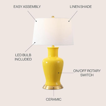 JONATHAN Y 29" Yellow Traditional Ceramic Urn LED Table Lamp for Bedroom Decor, White Linen Drum Shade, Classic Nightstand Lamp for Living Room, LED Bulb Included (JYL4026H)