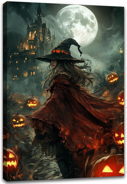 Dark and Moody Gothic Witch Poster Wall Art,Vintage Rustic Witch in Cloak with Castle Pumpkin Road Dark Gothic Poster,Goth Spooky Season Halloween Prints for Fantasy Office,8"x12" Framed