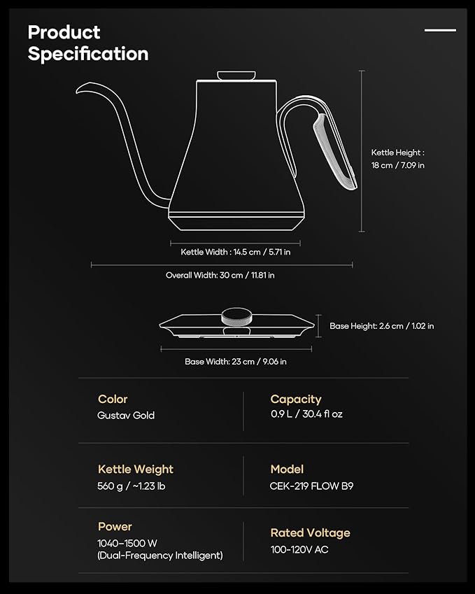 Cocinare Barista Collection Gooseneck Electric Kettle, ±1℉ Precise Temperature Control for Pour-Over Coffee & Tea, Quick Heating 1500W, Stainless Steel Interior, 0.9L (Gustav Gold)