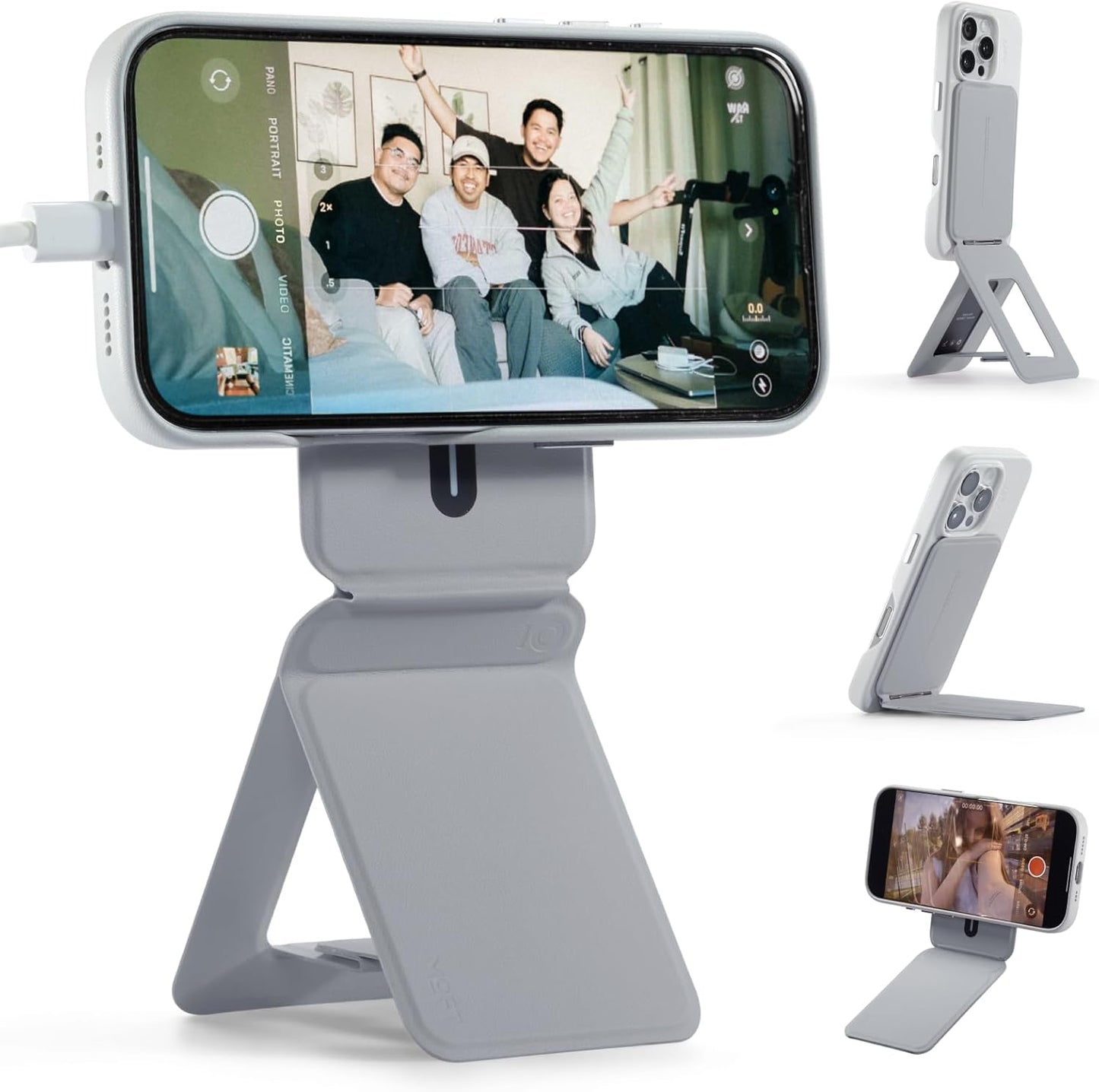MOFT Phone Tripod Stand Selfie Stick for iPhone, Multi-Angles iPhone Stand, Lightweight & Portable Phone Holder, Strong Magnets, MOVAS Vegan Leather, Travel Essentials, Cement (Without Card Slot)
