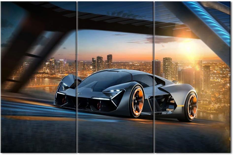 TUMOVO Cityscape Painting Sports Car Artwork Racing Pictures for Living Room 3 Piece Canvas Wall Art Modern Home Decoration Framed Stretched Ready to Hang Posters and Prints - 28 x 14inch x 3 Panel