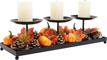 3 Pillar Black Metal Candle Holders for Table Centerpiece, Fall Thanksgiving & Halloween Dining Table, Fireplace Mantel Decor, Tray Candlestick for Living Room Rustic Decorations