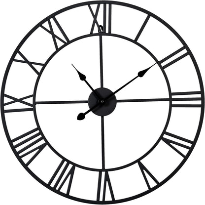 Large Wall Clock for Living Room Decor – 24 Inch Silent Non-Ticking Modern Farmhouse Wall Clock, Oversized Decorative Metal Roman Numeral Clock, Black