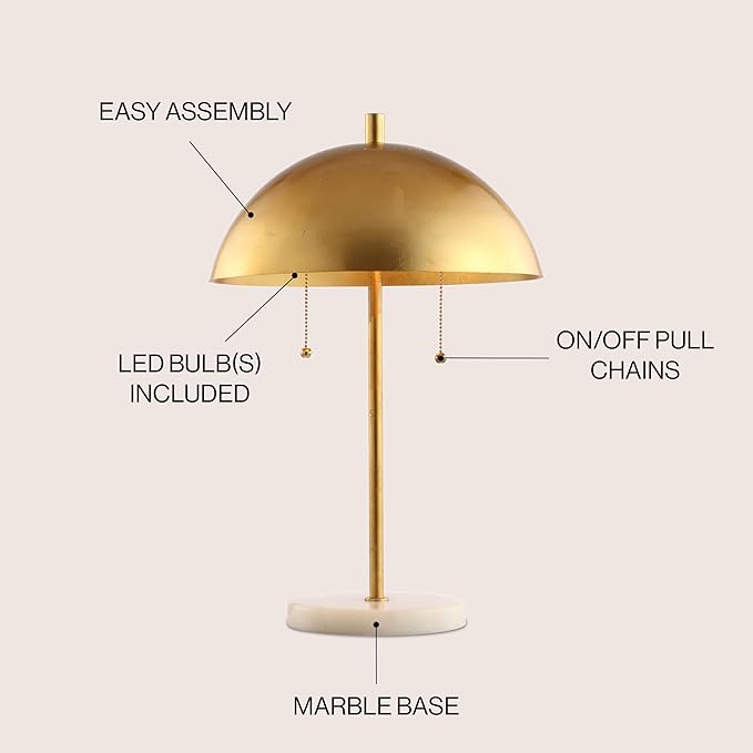 JONATHAN Y 20.75" Gold/White Marble 2-Light LED Table Lamp for Modern Bedside Decor, Glam Desk Lamp, Gold Metal Dome Shade, Pull Chain Switch, Bulbs Included JYL1071A