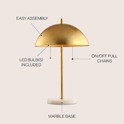 JONATHAN Y 20.75" Gold/White Marble 2-Light LED Table Lamp for Modern Bedside Decor, Glam Desk Lamp, Gold Metal Dome Shade, Pull Chain Switch, Bulbs Included JYL1071A