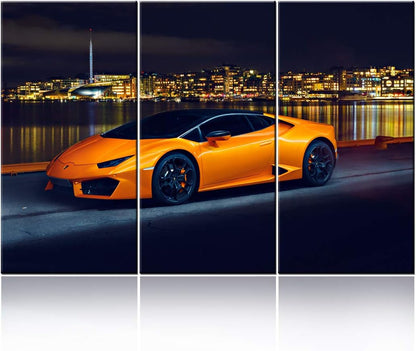 TUMOVO Orange Sports Car On Seascape and Skyline Wall Art Painting The Picture Print On Canvas Racing Car Pictures for Home Decor Decoration Gift - 28 x 14inch x 3 panel