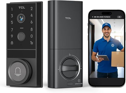 TCL Video Smart Door Lock D1 Max, 3-in-1 2K Camera+Doorbell+Fingerprint Door Lock, Built-in Wi-Fi Deadbolt for Front Door, Keyless Entry, Auto Lock, App Remote Control, Easy Installation (Black)