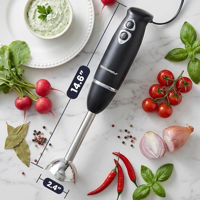 Elite Gourmet EHB1015 Immersion Hand Blender 500 Watts 2 Speed Mixing with Stainless Steel Blades, Detachable Wand Stick Mixer, Smoothies, Baby Food, Soup, Black