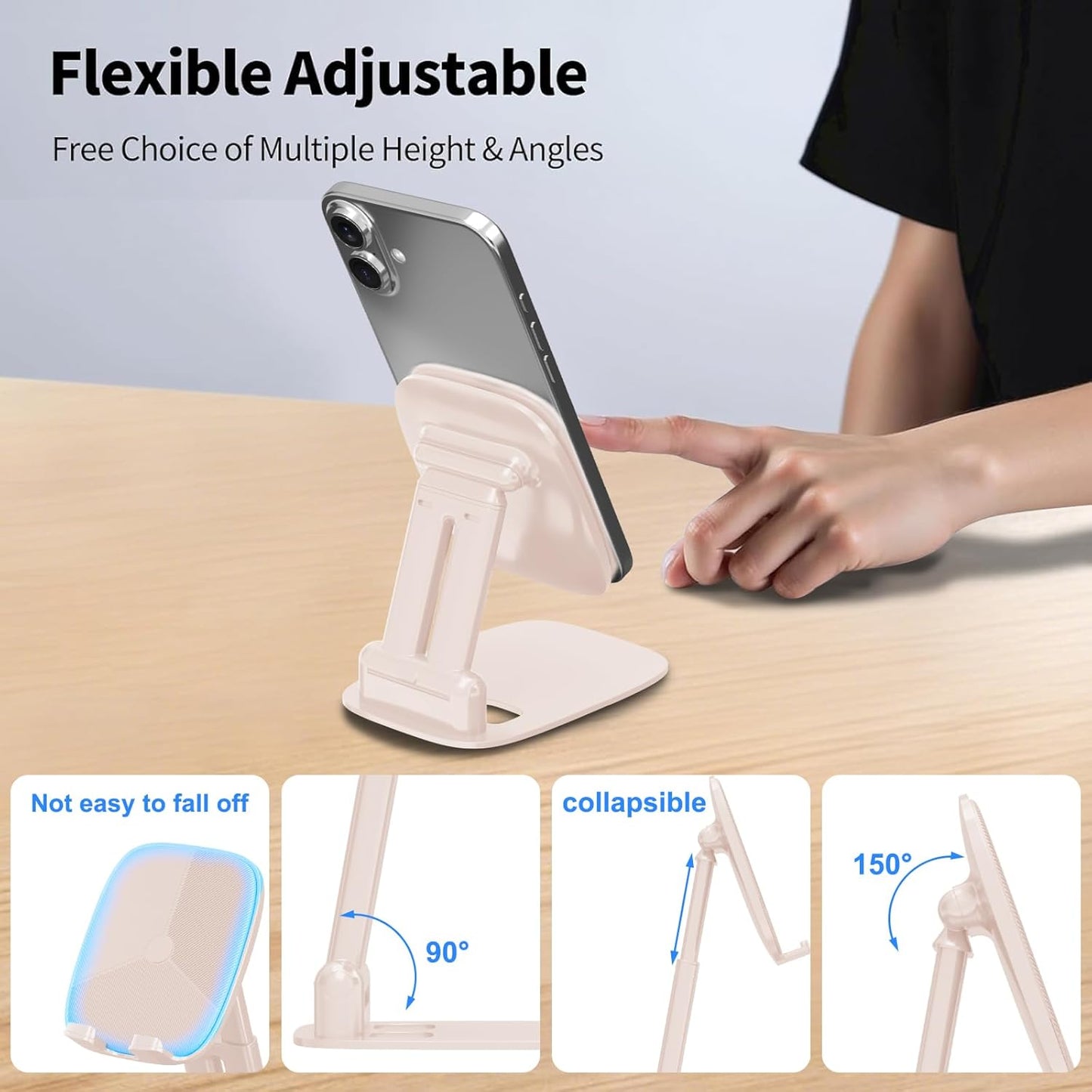 DEERLAMN Cell Phone Stand for Desk, Height Adjustable Cell Phone Holder Portable Desktop Stand, Travel Home Office Desk Accessories Compatible with iPhone 16/15/14/13/12/11 All Smartphone - Pink