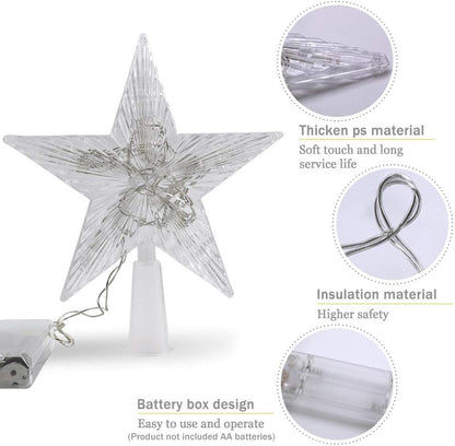 Small Christmas Tree Topper Star with LED Lighted 6" Star Treetop Rustic Holiday Tree Toppers Battery Powered for Indoor Xmas Ornaments Party Home Decoration Warm White