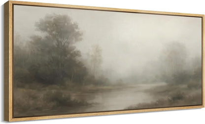 MUDECOR Extra Larg Framed Canvas Print Wall Art Misty Forest River Landscape Neutral Tones Nature Illustrations Decorative Colorful for Bedroom - 60"x30"