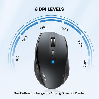 TECKNET Bluetooth Mouse, 4800 DPI Wireless Mouse, 2-Year Battery 6 Adjustable DPI, 6 Buttons Compatible with Laptop/Windows/Computer - Grey