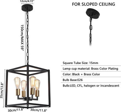 Lantern Pendant Light, 4-Light Gold Chandelier,Modernized Ceiling Hanging Light Fixture for Bedroom Kitchen Island Foyer Living Room Dining Room Hallway