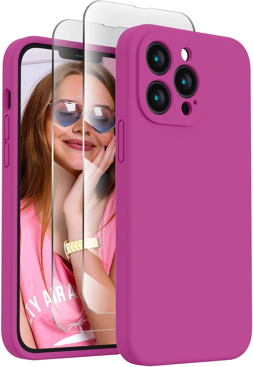 FireNova Designed for iPhone 13 Pro Max Case, Silicone [Camera Protection] Phone Case with [2 Screen Protectors], Soft Anti-Scratch Microfiber Lining Inside, 6.7 inch, Shocking Pink