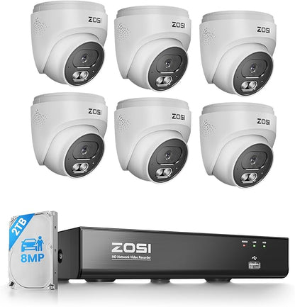 ZOSI C220 4K 8MP 8CH POE NVR Security Camera System (16CH Expandable), 6 x 8MP PoE IP Dome Cameras Outdoor Indoor, AI Human/Vehicle/Face Detection, One-Way Audio, 100ft IR Night Vision, 2TB HDD