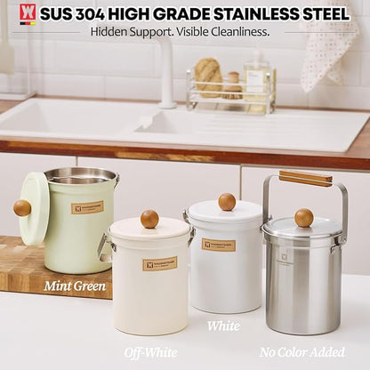 Kitchen Countertop Compost Bin 101Ounces / 3Liter with Airtight Lid, SUS304 Stainless Steel Odor-Free Food Waste Bin with Wooden Handle Stylish Design/Bathroon Trash Can (Mint Green)