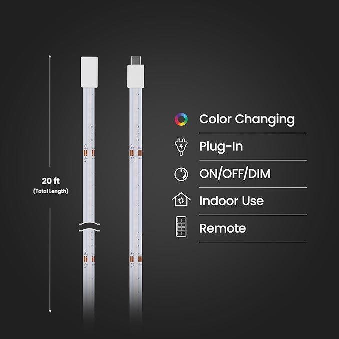 Feit Electric 20ft Color LED Tape Light, COB Technology, Customizable Length, Remote Control, Ultra-Thin 10mm Design, Perfect for Indoor Lighting, Shelves, Cabinets & Staircases, TAPE240/COB/RGB