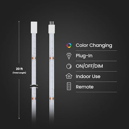 Feit Electric 20ft Color LED Tape Light, COB Technology, Customizable Length, Remote Control, Ultra-Thin 10mm Design, Perfect for Indoor Lighting, Shelves, Cabinets & Staircases, TAPE240/COB/RGB