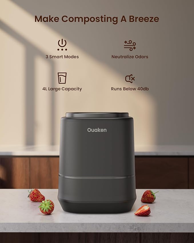 4L Electric Composter for Kitchen, Smart Countertop Compost Bin, Odorless | Low Noise | Auto-Cleaning | Turn Food Waste into Fertilizer, Indoor Food Waste Compost Machine, Black