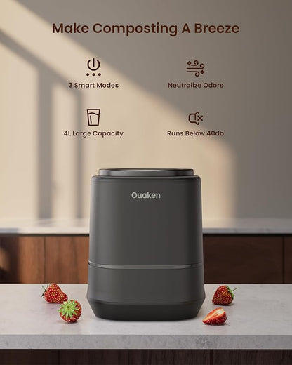 4L Electric Composter for Kitchen, Smart Countertop Compost Bin, Odorless | Low Noise | Auto-Cleaning | Turn Food Waste into Fertilizer, Indoor Food Waste Compost Machine, Black