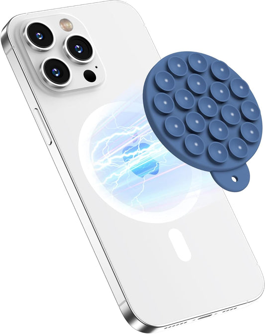 Magnetic Suction Cup Phone Mount for MagSafe Case, Silicone Hands-Free Grip Holder for iPhone and Android, Mirror Shower Phone Stand for Makeup FaceTime Gym Kitchen Bathroom, Azure Blue