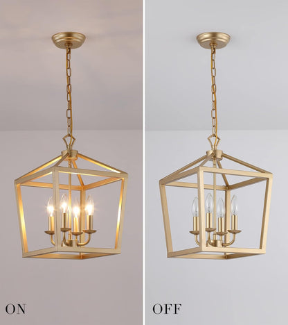 AMZASA Gold Lantern Chandelier Hanging Pendant Light Fixture 4-Lights for Kitchen Island Dining Room Hallway Entryway Foyer UL Listed