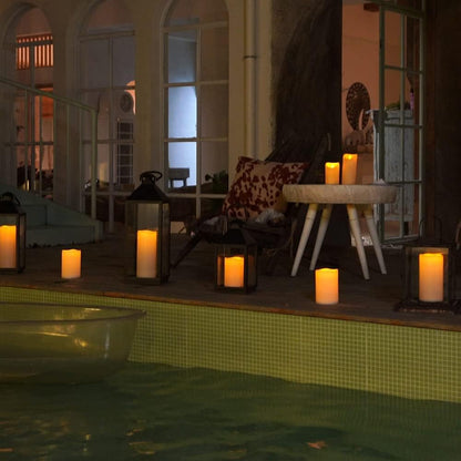 Homemory 4" x 8" Waterproof Outdoor Flameless Candles, Battery Operated Flickering LED Pillar Candles with Remote and Timers for Indoor Outdoor Lanterns, Long Lasting, Large, Dark Ivory, Set of 4