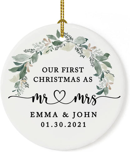 Andaz Press Personalized Our First Christmas As Mr. & Mrs. 2025 Christmas Ornaments Foliage Wreath 2.8" Round Porcelain Ceramic 1st Year Married Custom Ornament Keepsake for Newlyweds 1-Pack