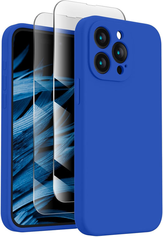 FireNova Designed for iPhone 15 Pro Max Case, Silicone Upgraded [Camera Protection] Phone Case with [2 Screen Protectors], Soft Anti-Scratch Microfiber Lining Inside, 6.7 inch, Klein Blue