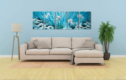 Yihui Arts Blue Deep Ocean Extra Large Jellyfish Metal Wall Art, in Modern Ocean Design, 3D Wall Art for Modern and Contemporary Decor, 5-Panels, Metal Wall Decor Works Indoors and Outdoors