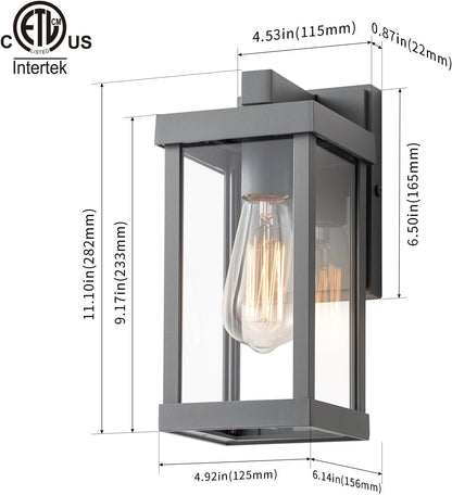 mirrea 11" Classic Outdoor Wall Sconce 1 Light in Matte Gray Rectangular Metal Frame and Clear Glass Shade Waterproof Porch Light Patio Light Pack of 2