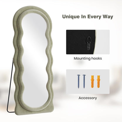 Full Length Mirror 63"x24" Arched Wavy Full Body Wall Mounted Floor Mirror with Stand Sage Flannel Frame Leaning Hanging Wall Mirror for Bedroom Entrance Hallway
