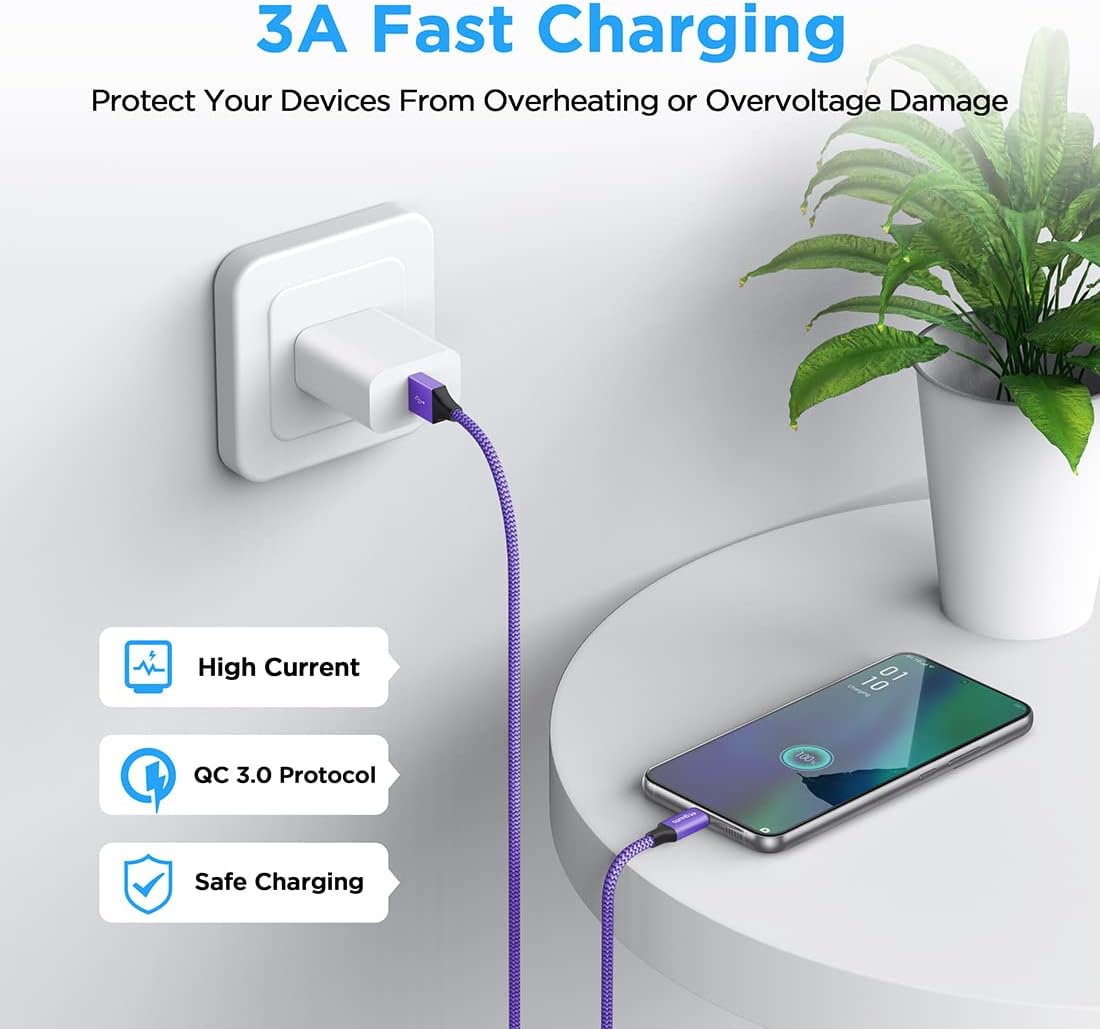 etguuds 4ft USB A to USB C Cable 3A Fast Charging, 2-Pack USB A to USB Type C Charger Cord for iPhone 16 15 Pro/Pro Max/Plus, for Samsung Galaxy S24 S23 S22 S21 S20 S10 A55 A54 Flip Note, Moto, Purple
