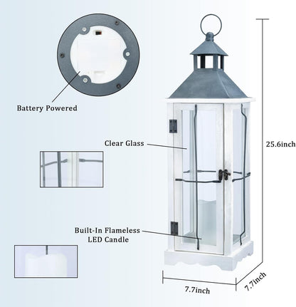 Bdor 2 Pack 26in Farmhouse White Waterproof Wood Metal Decorative Lanterns with Remote Control, Timer, Tempered Glass, Flameless Pillar Candles, Decorative Lanterns for Front Porch, Wedding