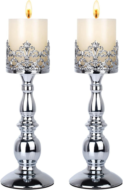 Candle Holders for Pillar Candles Gothic Matte Black Vintage Tall Candle Holders Set of 2 Decorative Large Table Centerpieces Candle Stand Decor (Silver 2PCS A)