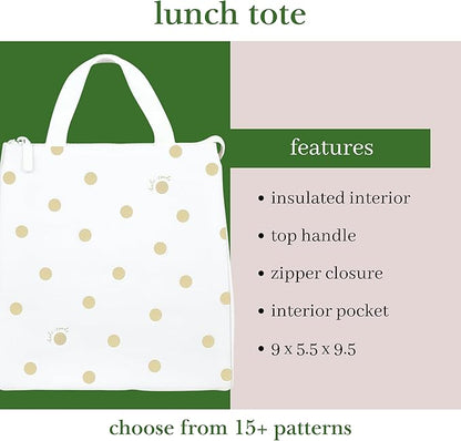 kate spade new york Portable Soft Cooler Lunch Bag, Thermal Tote with Insulated Interior Lining and Storage Pocket, Lunch Tote for Women, Gold Dot with Script