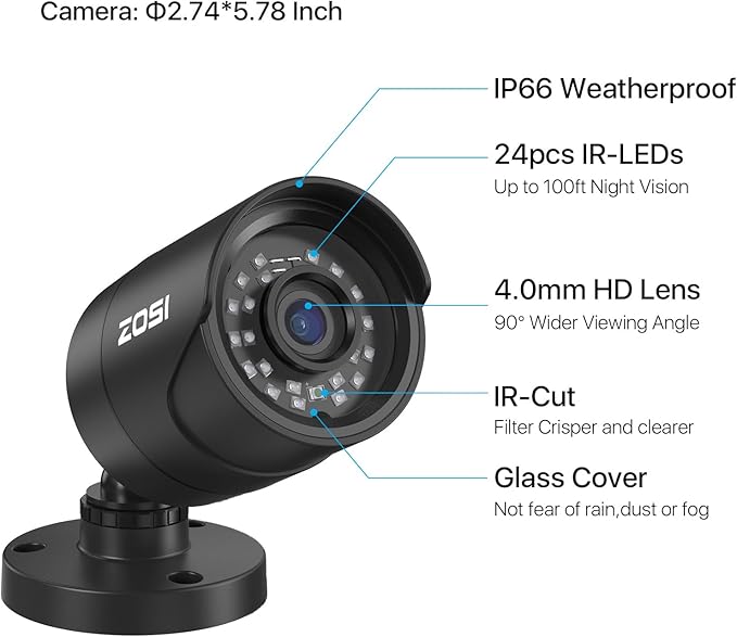 ZOSI 8CH 5MP 3K Lite Surveillance Wired Security Camera System with AI Human Vehicle Detection, 8 Channel H.265+ DVR and 4 x 1080p Bullet Camera Outdoor, 100ft Night Vision, IP66(No HDD Included)