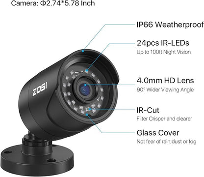 ZOSI 8CH 5MP 3K Lite Surveillance Wired Security Camera System with AI Human Vehicle Detection, 8 Channel H.265+ DVR and 4 x 1080p Bullet Camera Outdoor, 100ft Night Vision, IP66(No HDD Included)