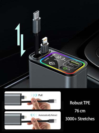 Retractable Car Charger USB C,145W Type C Car Charger Fast Charging with Dual Retractable USB C Cable and USB Ports, Compatible with iPhone 16/15,S25/24/23/22, Pixel 9/8/7