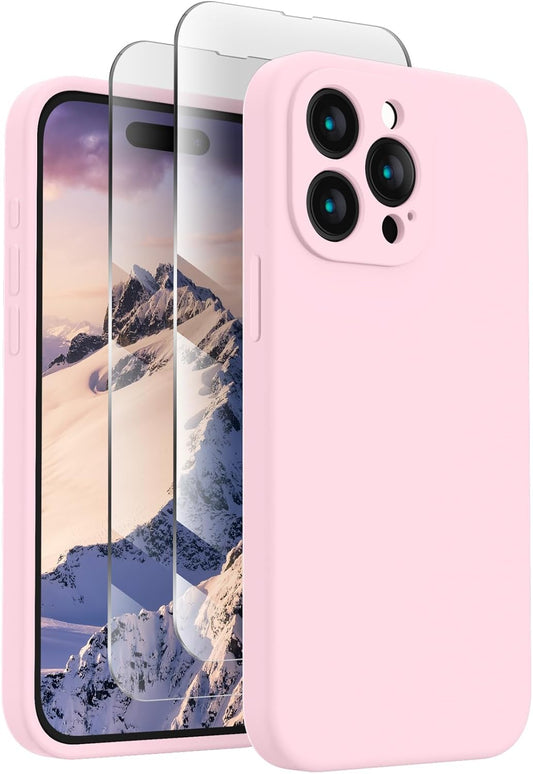 FireNova Designed for iPhone 15 Pro Max Case, Silicone Upgraded [Camera Protection] Phone Case with [2 Screen Protectors], Soft Anti-Scratch Microfiber Lining Inside, 6.7 inch, Chalk Pink