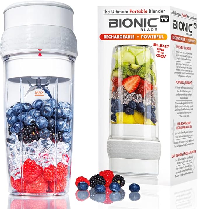 Bionic Blade Mini Portable Blender Juicer Bottle 26.5 oz, BPA-Free - Cordless & Rechargeable, Travel-Friendly Size for Smoothies, Shakes, Juices, Home & Kitchen Essentials, White, As Seen on TV