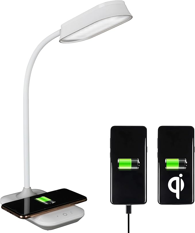 OttLite Achieve LED Sanitizing Desk Lamp Wireless Charging and USB Charging - Touch Activated, Flexible Neck, Modern Light for Reading, Crafting & Office Desktop