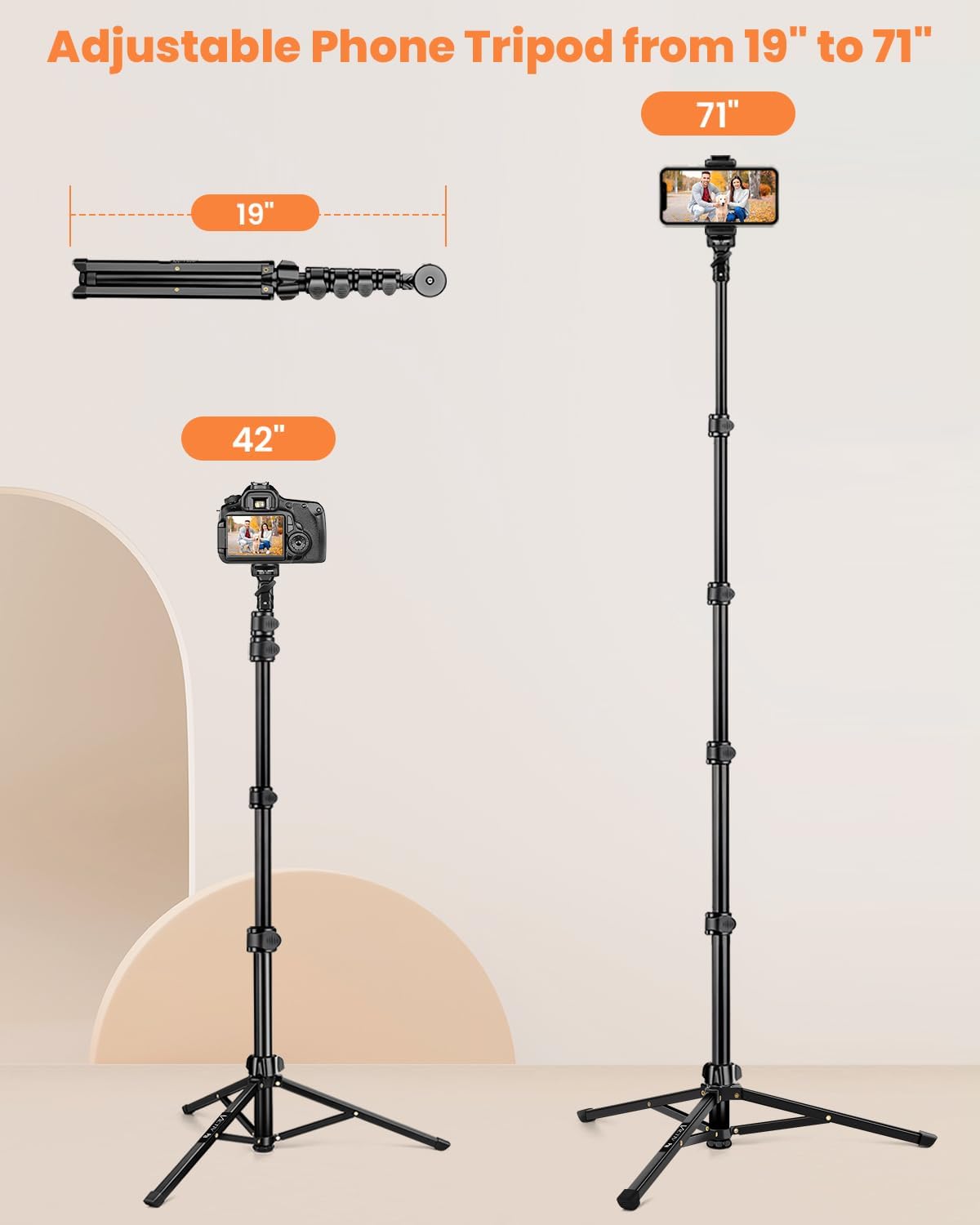 Victiv 71" Phone Tripod, Camera Stand Tripod with Remote and Phone Holder, Sturdy & Stable, Height Adjustable Selfie Stick Mode, Perfect for Selfies Video Recording/Cooking/Vlog/Photo