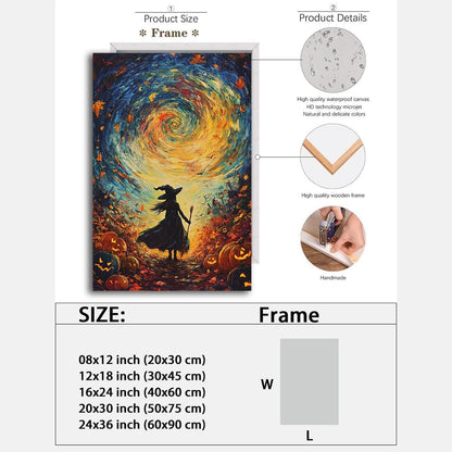 Halloween Autumn Witchy Decor Wall Art Prints,Gothic Witch in Whirlwind Autumn with Pumpkins Scene Pictures Poster,Fall Festival Home Decor Painting Canvas Poster for Bedroom Bathroom,20"x30" Framed