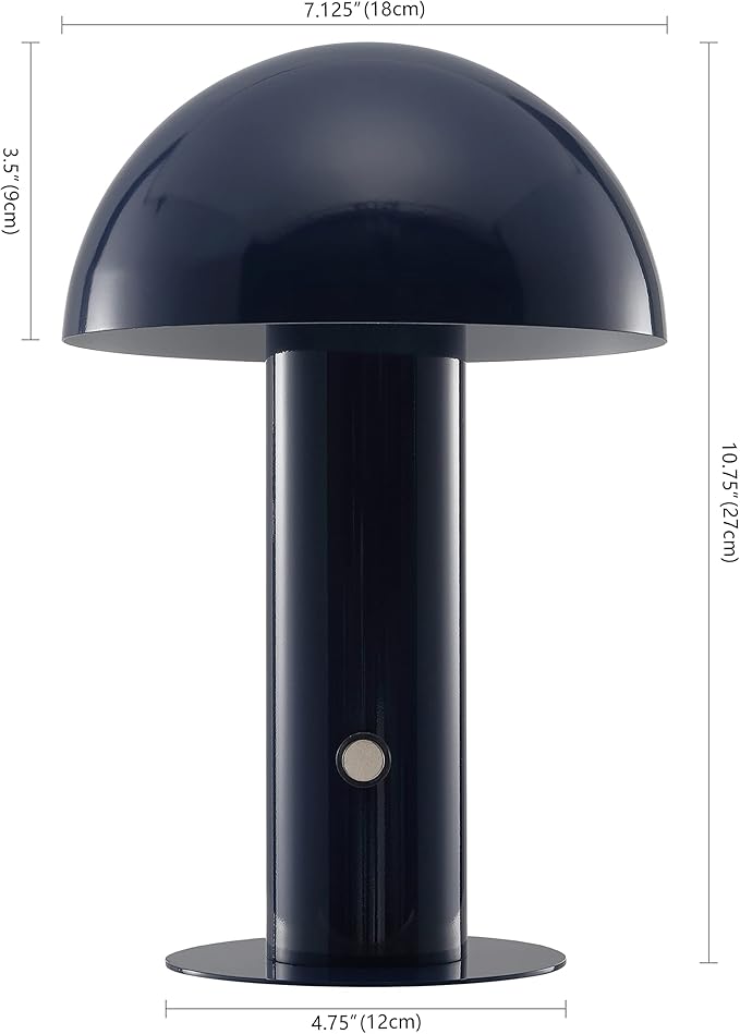 JONATHAN Y 10.75" Navy Rechargeable LED Mushroom Table Lamp, Cordless Portable Bedside Lamp for Living Room Bedroom, 3-Way Dimmable Modern Iron Desk Light, Metal Shade (JYL7115E)