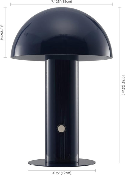 JONATHAN Y 10.75" Navy Rechargeable LED Mushroom Table Lamp, Cordless Portable Bedside Lamp for Living Room Bedroom, 3-Way Dimmable Modern Iron Desk Light, Metal Shade (JYL7115E)